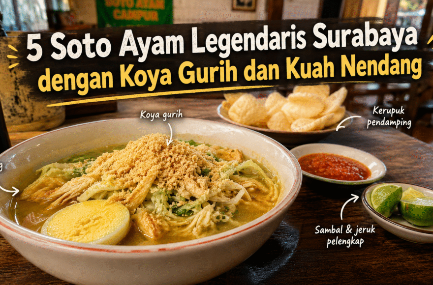 Soto ayam legendaris Surabaya dengan koya gurih dan kuah nendang