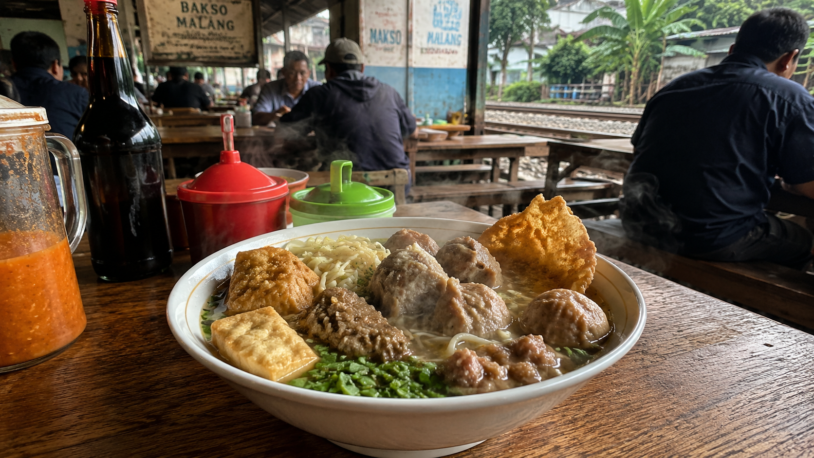 Piring berisi bakso bakar dengan bumbu kacang dan tusukan sate, khas bakso Malang asli