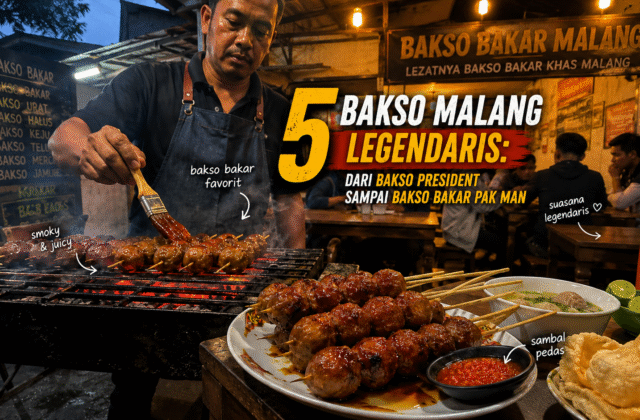 Semangkuk bakso Malang asli dengan pentol besar, siomay, dan taburan seledri di kuah bening