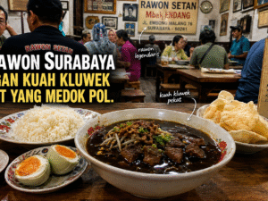 Semangkuk rawon dengan kuah hitam pekat dan daging sapi
