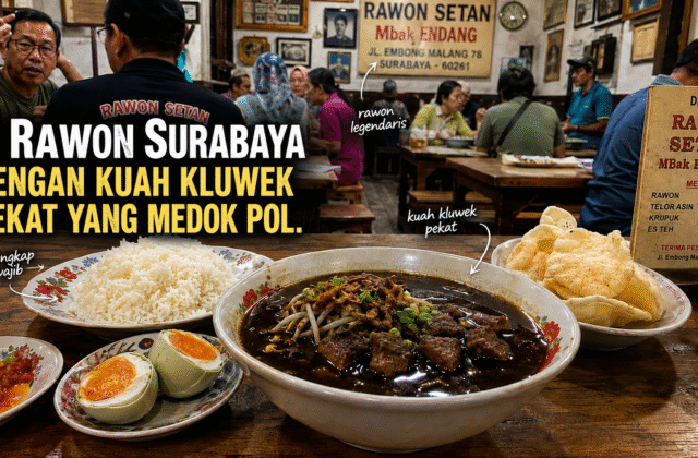 Semangkuk rawon dengan kuah hitam pekat dan daging sapi