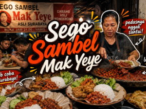 Sego sambel Surabaya dengan lauk lengkap di atas piring