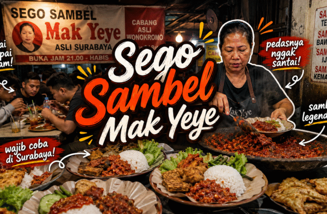 Sego sambel Surabaya dengan lauk lengkap di atas piring