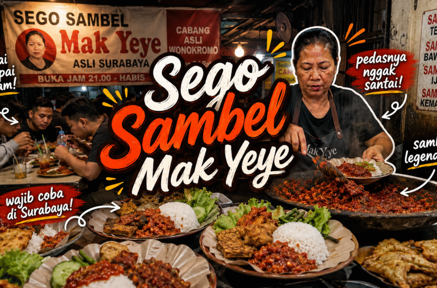 Sego sambel Surabaya dengan lauk lengkap di atas piring