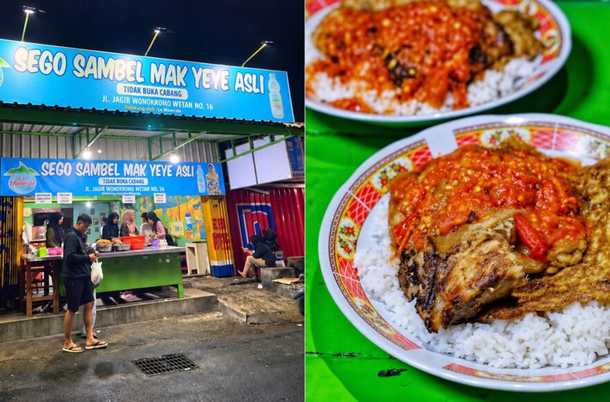 Piring sego sambel Mak Yeye dengan sambal pedas dan lauk di Jagir Surabaya