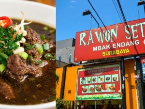 Mangkuk rawon surabaya kuah hitam kluwek pekat dengan daging dan pelengkap