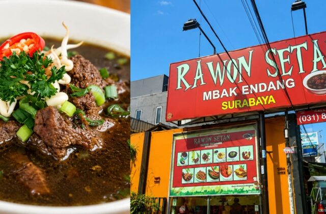 Mangkuk rawon surabaya kuah hitam kluwek pekat dengan daging dan pelengkap