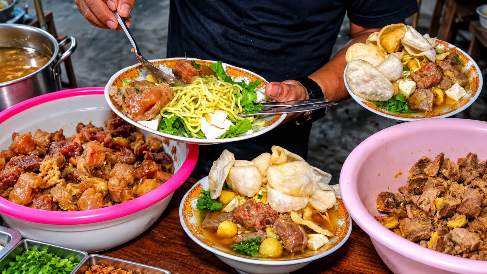 Ilustrasi penjual meracik kuliner berkuah khas Surabaya