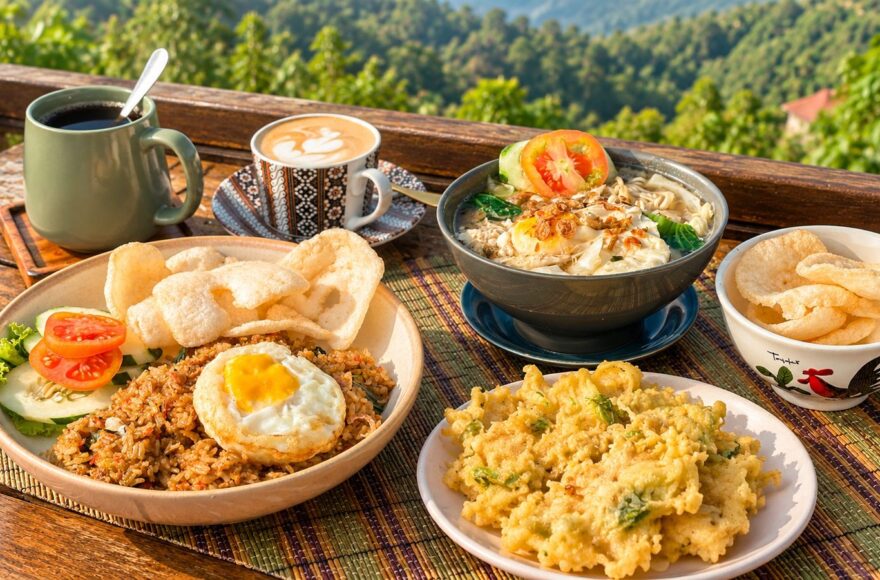 Makan setelah lari: nasi goreng, kerupuk, dan kopi di meja dengan view perbukitan Kedai Bukit Rhema