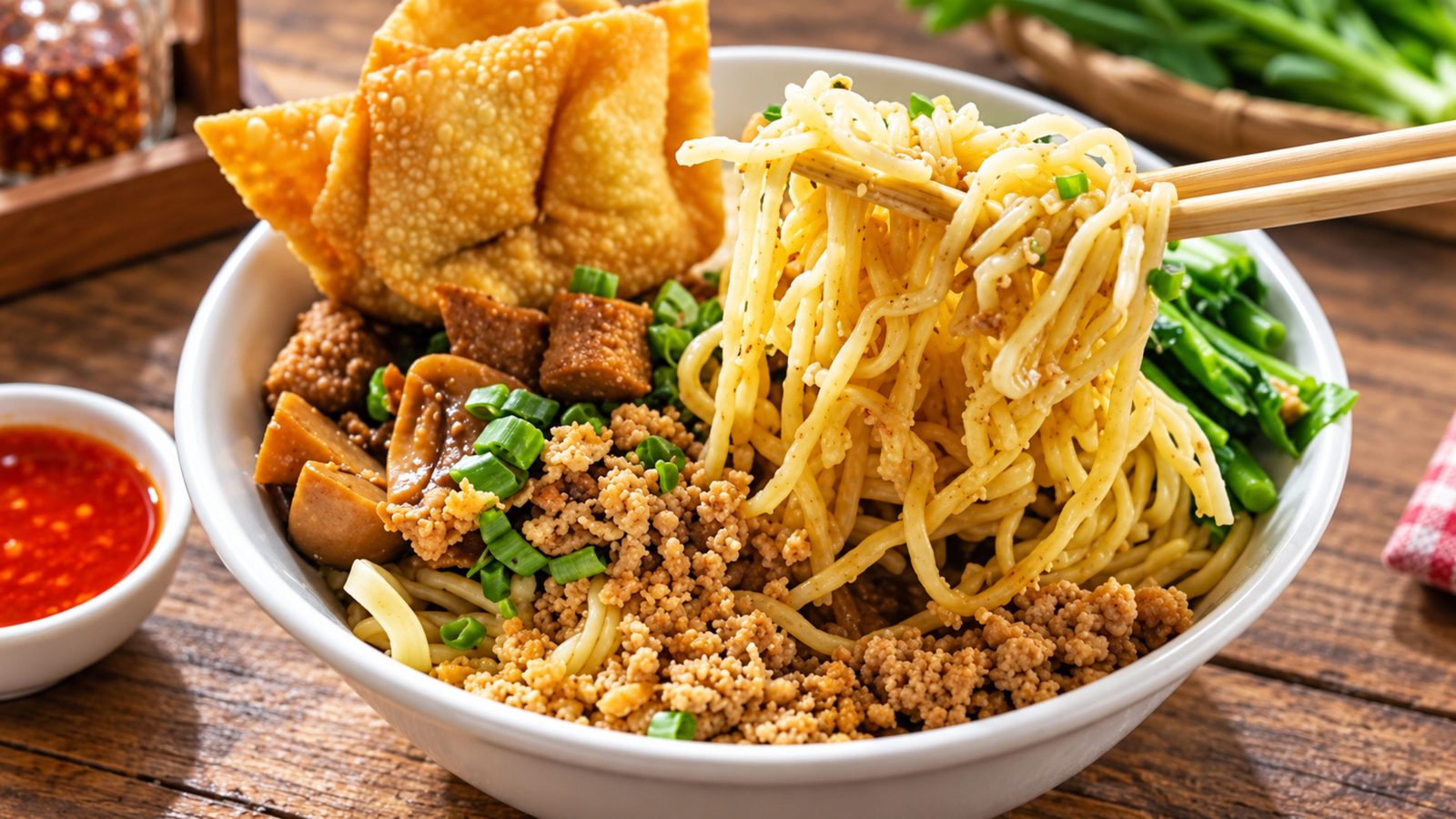 Mie dengan ayam cincang dan pangsit goreng