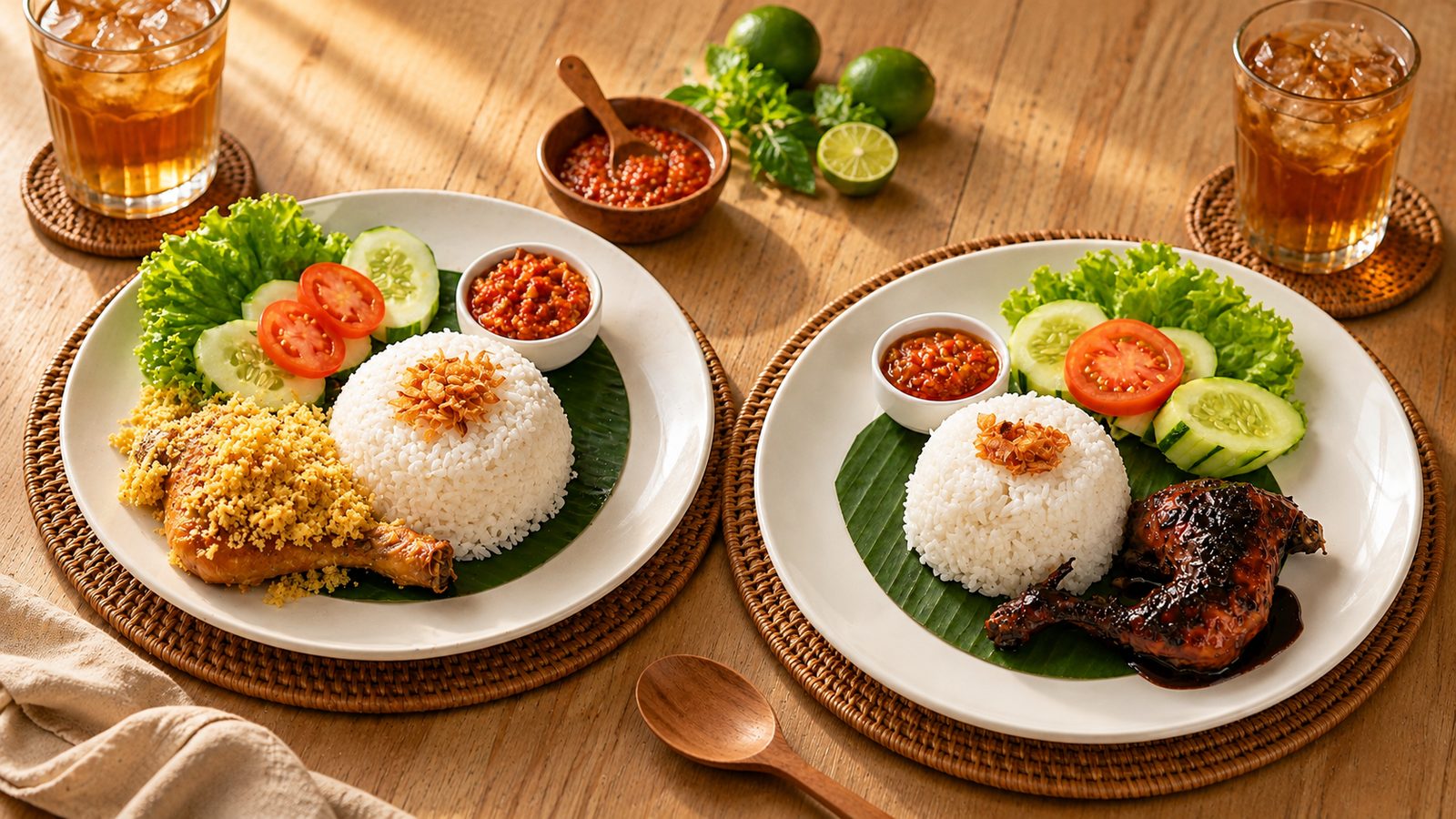 Nasi ayam bakar dan nasi ayam goreng dengan sambal dan lalapan di Kedai Bukit Rhema